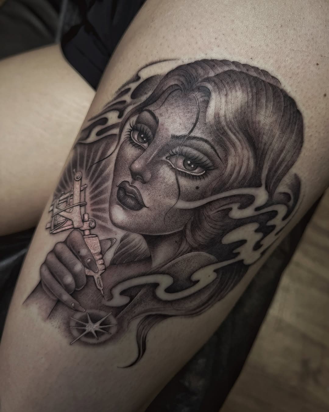 Very very fun tattoo for @whoretatz made on my trip to @randyadamstattoostudio Ft. Worth. Ghosty lady with a ⚡️ Jonesy machine. Thank you! ✨ @sombragrays ✨ @immaculatetattoo for appointments please text me. .

🌟 #tattoos #blackandgreytattoo  #fineline #finelinetattoo #blackandgrey #dotwork #linework #singleneedletattoo #singleneedle  #blackandgreytattoo #tattoodoo #tttism #blackworkers #blxckink #tattoosnob #tattoolifemagazine
#california #longbeach #blackwork #sombragrays #magicalwhite #sombras #immaculatetattoo #mesaarizona #jonesy #tattoomachine