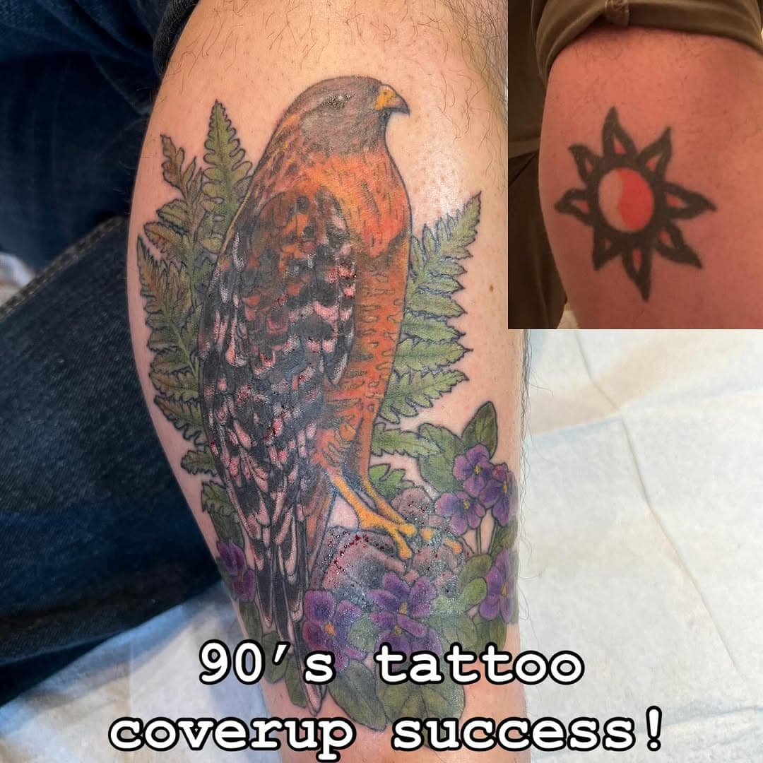 I do a lot of coverup work, and I actually enjoy it. Some tattooers prefer not to adjust old tattoos and that is absolutely fine! It’s important to find an artist who is comfortable with coverups, and able to do some creative brainstorming and planning to make them most effective. This one was really gratifying. He wanted to say goodbye to this wicked dated ‘90’s sun tattoo. We went with a red shouldered hawk, ferns, and violets. The finished photo is red and very fresh, but I’m sharing anyway. I hid the sun in the bird and used the color, linework, and texture to camouflage the old tattoo. Such a fun challenge!