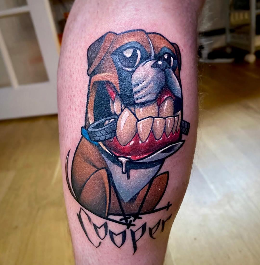 Loved doing this ‘portrait’ of Cooper 🌟 such a cute dog #tattoo #ink #teethtattoo #dogtattoo #boxerdog #cartoon #graffiti #thenewnewschool #tattoosnob #inkedmag #totaltattoo #skinart #skinart_mag #tattrx #outofstepbooks #arteobscurae #skinandink #skinpaperpaint #txttooing #stencilstuff #electricink #redemptiontattoocare #starrtattoosupplies