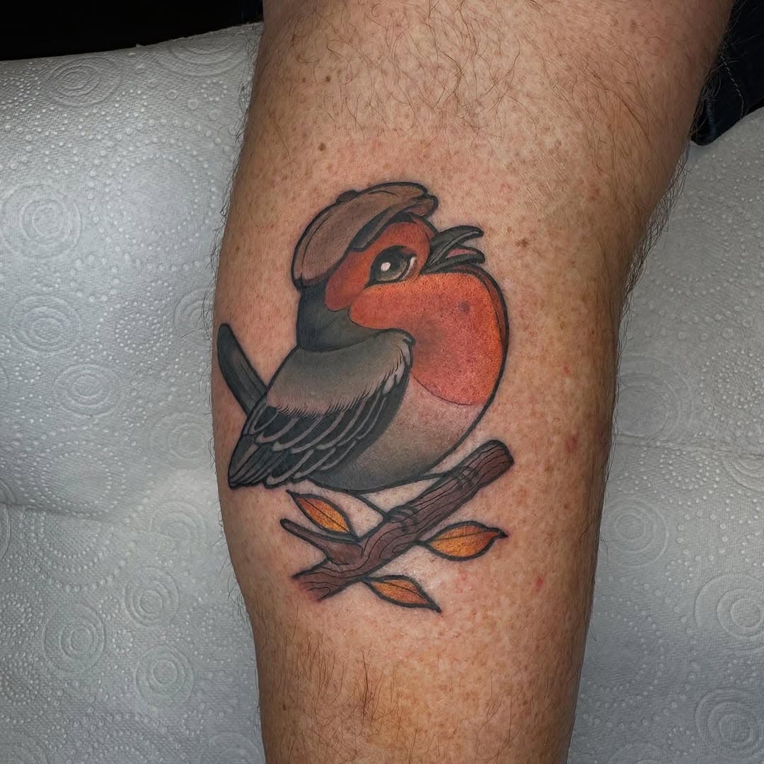 Can’t believe I got to do this one! It’s on my Grandpops! 
He had a little Robin friend visit the garden everyday and over time they built enough trust that the robin would come and sit on his lap and eat out of his hand! So it was the obvious choice to immortalise him! So crazy to tattoo both my grandparents, always big supporters of what I’ve been upto, but never thought I’d see the day they were I’m the hot seat! 🖤