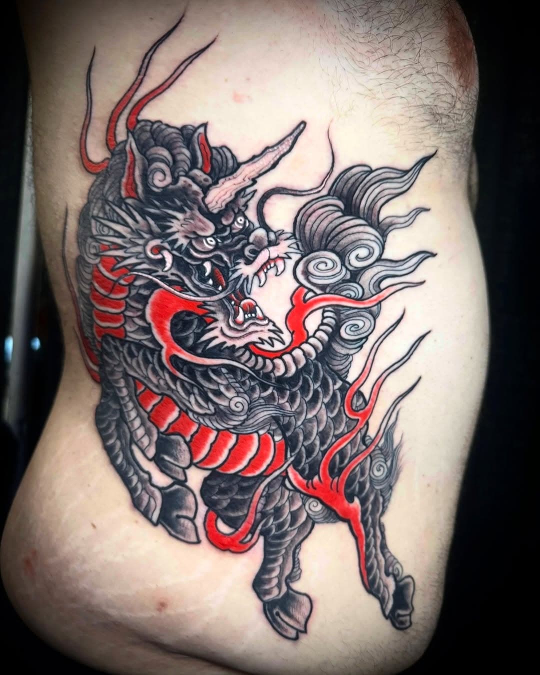 Tattoo by @nickcarusotattoo to make an appointment with Nick, message him directly or send him an email at nickcarusotattoo@gmail.com #nickcarusotattoo #boundforglorytattoo #kirin #kirintattoo #irezumi