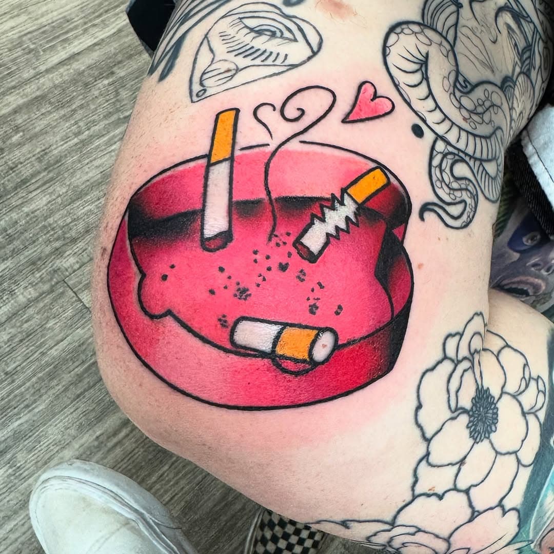 Valentine Ash Tray for my Linley! This is a custom piece based on a flash piece I had created for the Galentines event we are hosting on February 15th! 💖💌🩷 
Photo captured on Day 2! ✨

#hearttattoo #ashtray #ashtrays #valentines #valentineday #pinktattoo #boldwillhold #traditionaltattoo #orlandofl #orlandotattooartist