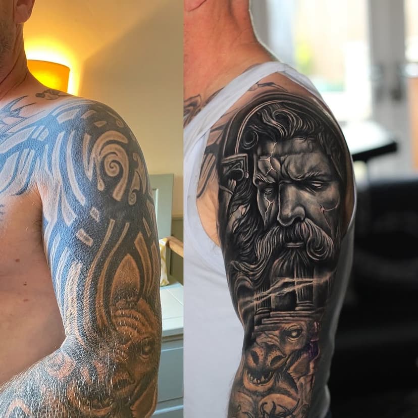 Heavy tribal cover up done over two days 🙂 

Swipe for closer look 👌🏻 

Want a cover up slide into DMs 

Sponsored by 
@radiantcolorsink 
@starrtattoosupplies 
@ghostcartridges 
@valknutrotary 
@checkmatetattoocare 
@sullenclothinguk 

#zues #statue #coverup #tattoo #tribal #newstart #heavy