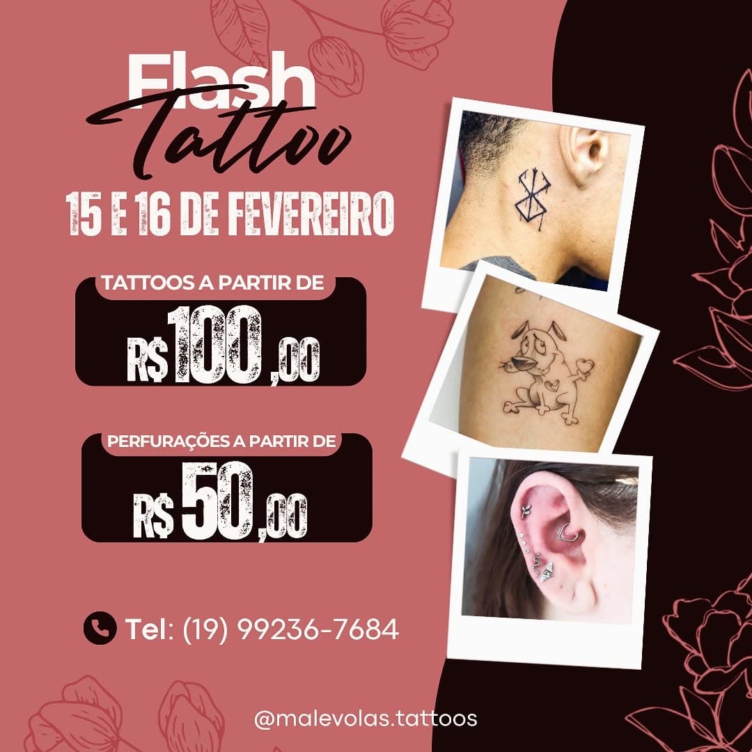 Dia 15 e 16 de fevereiro das 9:00 às 21:00 vai rolar o Flash Day do Malévolas ✨

Vamos ter muita tatuagem e piercing 🥰

O estúdio fica na Av. José Fonseca de Arruda, 574 - Jardim dos Oliveiras.

O Flash Day vai funcionar por ordem de chegada com tattoos a partir de R$100,00.

Perfurações a partir de R$50,00 incluso joia básica de aço, demais joias valor será a parte. 

Valor promocional não se aplica perfurações de língua e genital. 

Pagamento pode ser feito no dinheiro, pix débito ou crédito (mediante taxa da maquina).

Artistas ✨

@jana.machine.tattoo
@bimow.tattoo
@emys_tattoo
@tatu.dabru
@aleandriottopiercing