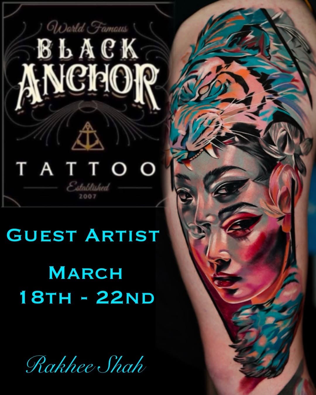 🇺🇸 Hey California! 🇺🇸

I’ll be coming from the U.K. to be guesting at @nikkohurtado world famous tattoo studio @blackanchorworldwide in California between 18th - 22nd March. 
If you’re interested in booking please message me. Looking to do some large scale projects. Send me your ideas. Can’t wait ❤️

#californiatattoo #usatattoo #thebesttattooartist  #blackanchortattoostudio #ink #colortattoos  #thebesttattooartists #abstracttattoo #rakhee_shah #funtattoo  #radtattoos  #europeanguest #colorportrait #besttattoos #guestartist #traveltattoos #viraltattoo