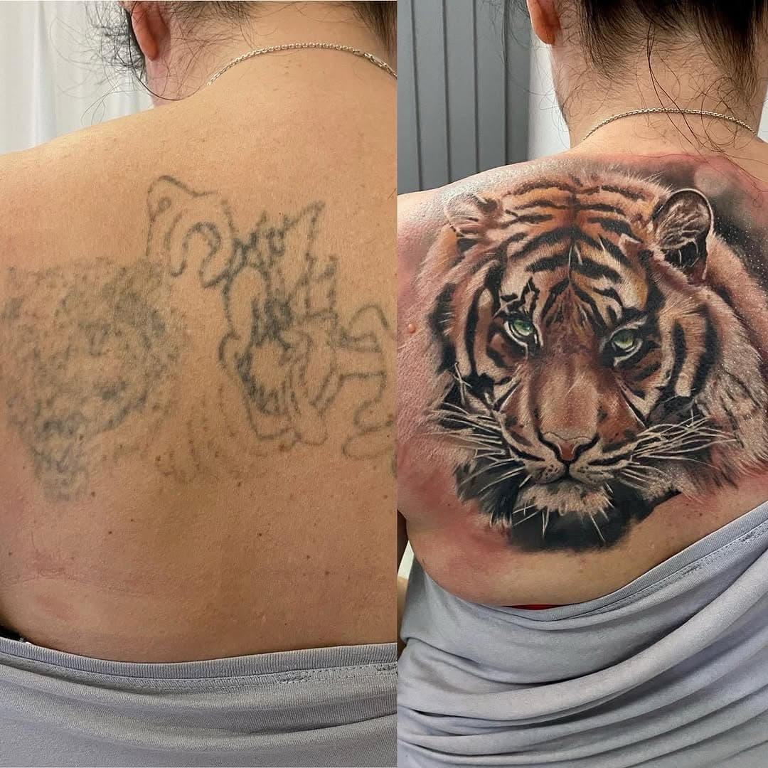 Kochamy takie metamorfozy!! Nieudany tatuaż to nie koniec świata 💔czasami tylko kilka sesji laserem i konsultacja z nami dzieli Cię od wymarzonego tatuażu 🖤🔥 #tatuazpoznan #poznantattoo #coveruptattoo #artline #tygrystattoo #tigertattoo #tatuazkolorowy #realistycznytatuaż #dominikszymkowiak