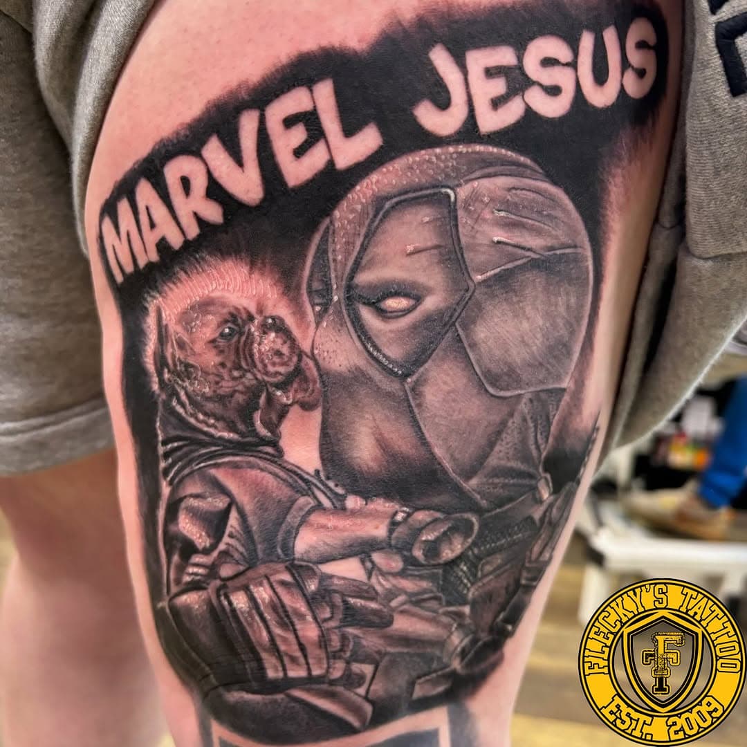 Deadpool and Dogpool portrait added to Sophies leg sleeve! done by @babyfacedassassin123 

@saviourtattoosupplies @butterluxe_uk @dynamiccolor 

#tattooideas #tattoodesigns #tattooart #legtattoos #blackworktattoo #portraittattoo #realismtattoo #deadpool #deadpooltattoo #dogpool #marveltattoos #tattoosofinstagram