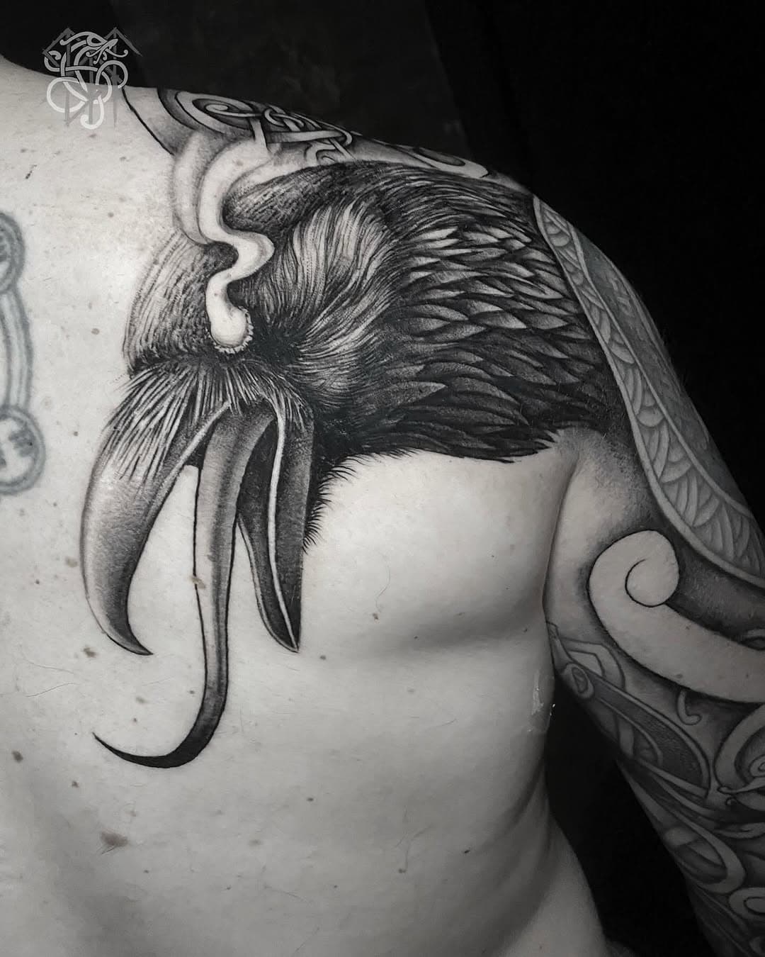 Bras complet (fini et cicatrisé) avec ajout de notre ami le corbeau Hugin sur le pectoral et de Munnin sur l’omoplate.

#fullarmtattoo #nordictattoo #viking #vikingtattoo #crow #crowtattoo #corbeau #tattoo #tatouage #tatouageparis #huginnandmuninn