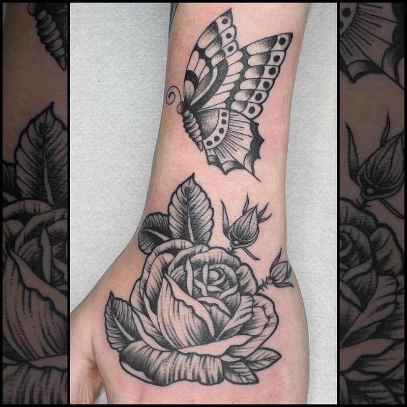 Hand Rose and Butterfly for our mate Macie, thanks for getting these! Tattoos by @richieclarkepdc.
If you like this style and would like something along the same lines, get in touch, we’d love to tattoo you 🌹🦋