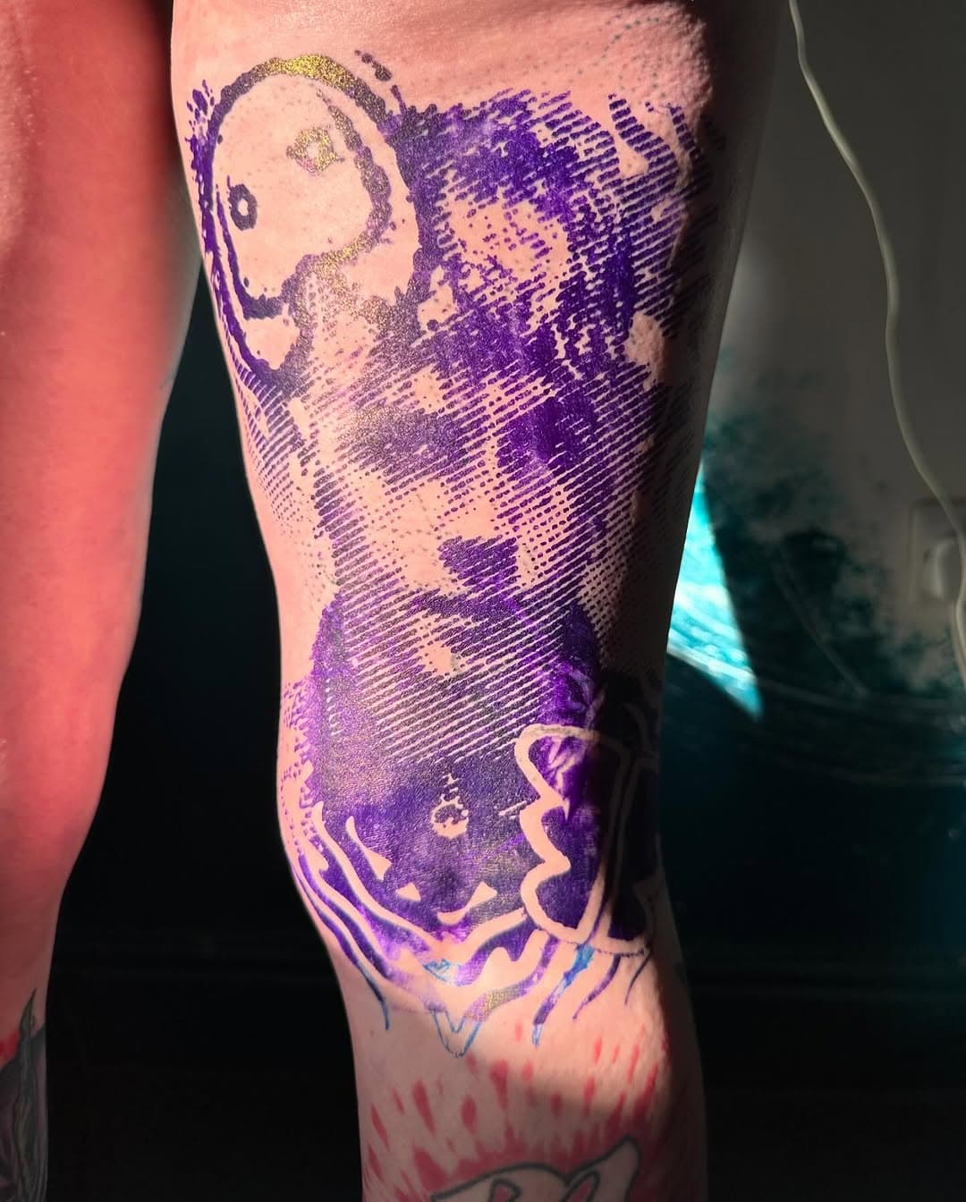 In progress… portrait of @renmakesmusic swipe to see how far we got! On the lovely @mumma_knucklez

Made using @valknutrotary @pantheraink 
At @tenacioustattoo #portraittattoo #blackworktattoo #ren #sheffieldtattoo