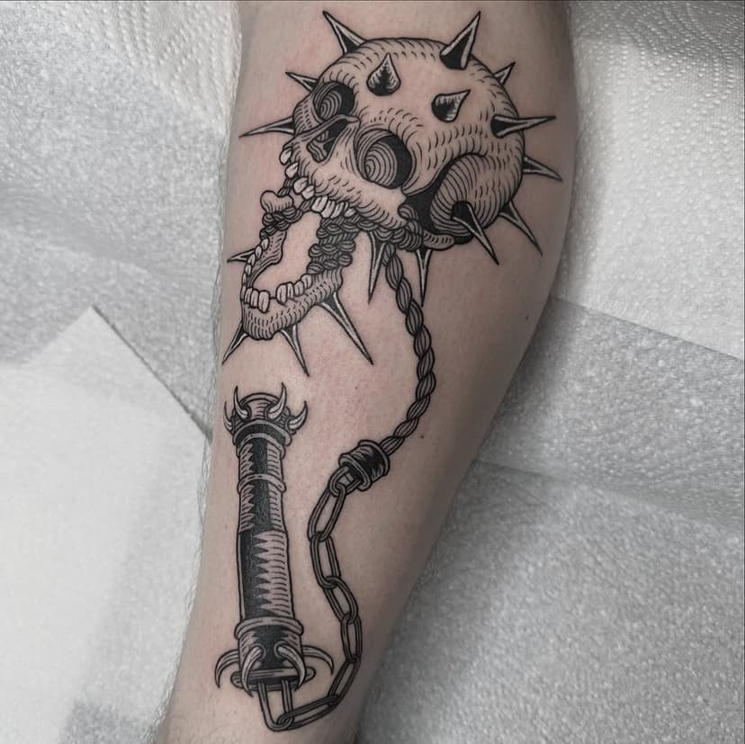 A skull flail today for Luke, thanks again mate! 
Skull flail tattoos are slowly becoming a thing I do in growing frequency, if you want one, please email me at evilsbookings@gmail.com #medieval #gothic