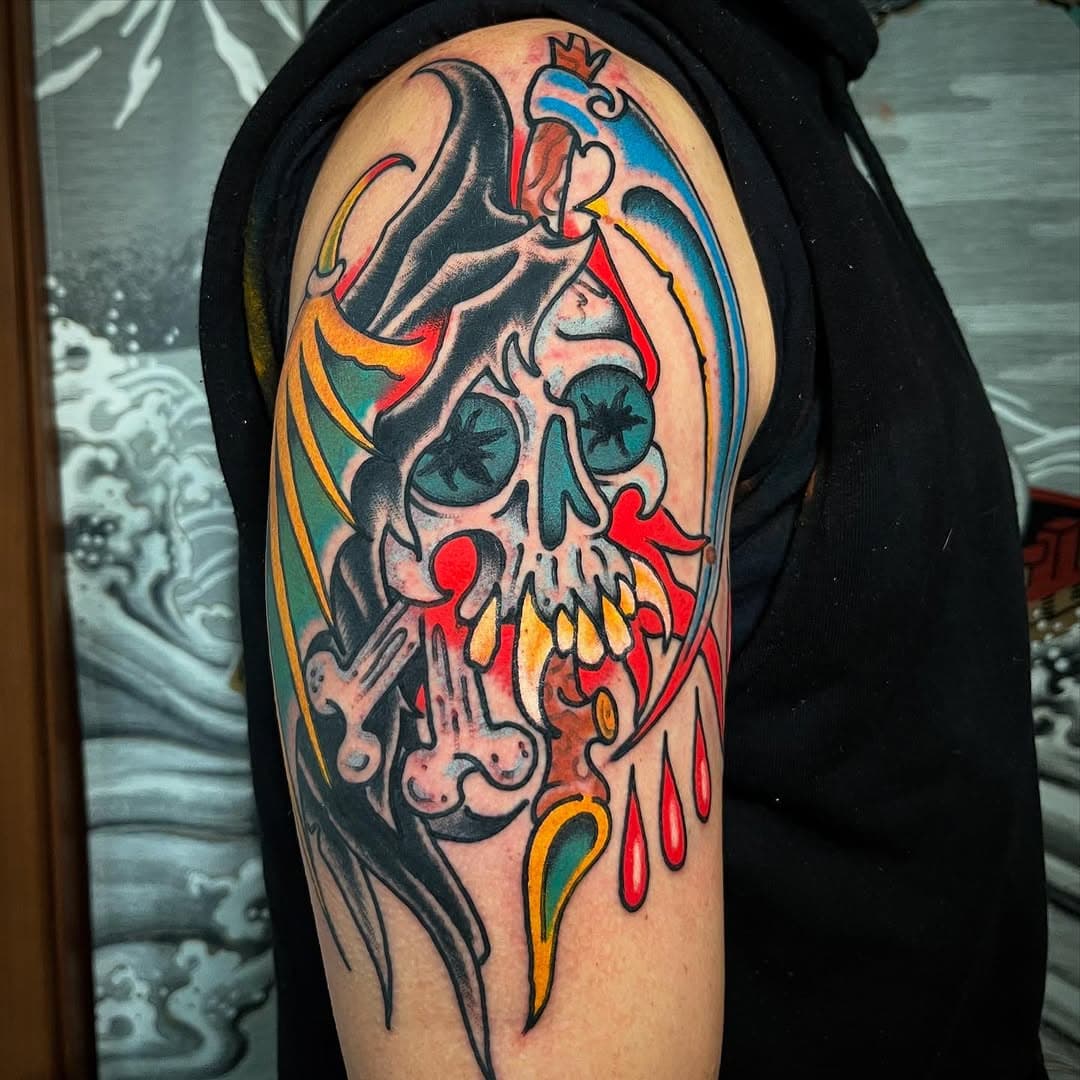 Reaper per @riccardo_peve GRAZIE FRATELLO!🖤 

Tattoo done @skullsociety_tattooshop 

#americanatattoos #bright_and_bold #oldlines #traditionaltattoo #tattoo #skull #reaper