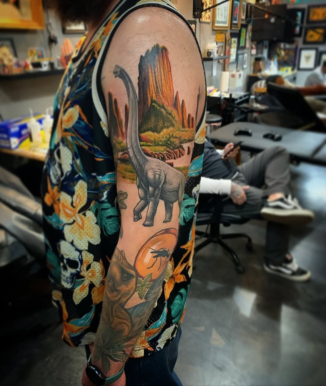 Repost from @matt_rose_tattoos
•
Dino sleeve in progress 🦕 🦖  on my good friend @cjdubyuh