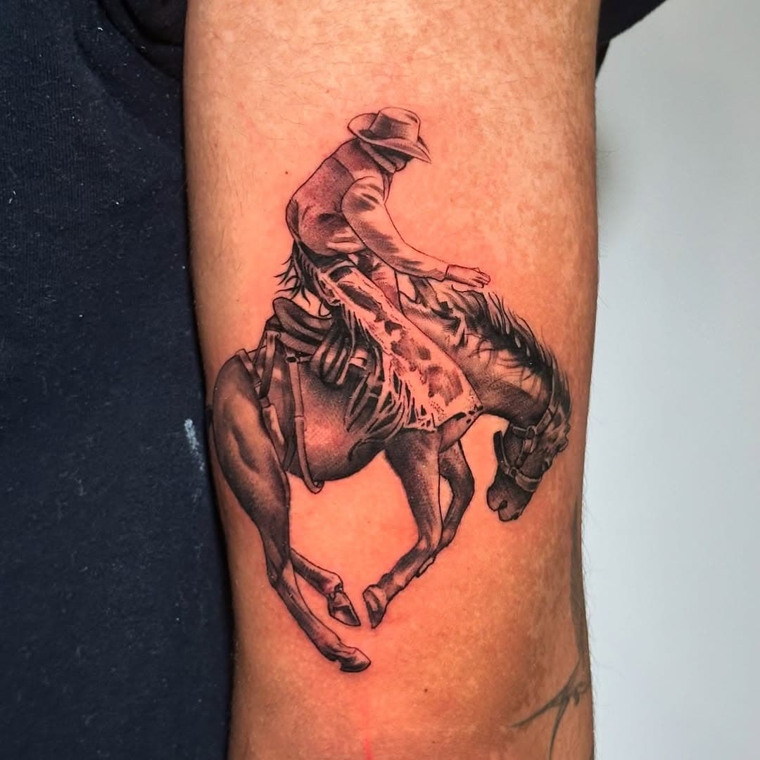 Done on the lower tricep. Thanks for looking 🙏🏽⚜️ DM for appointments and consultations| #yyz #toronto #tattoos #bishoprotary #blackandgreytattoo #rodeo #tattooideas