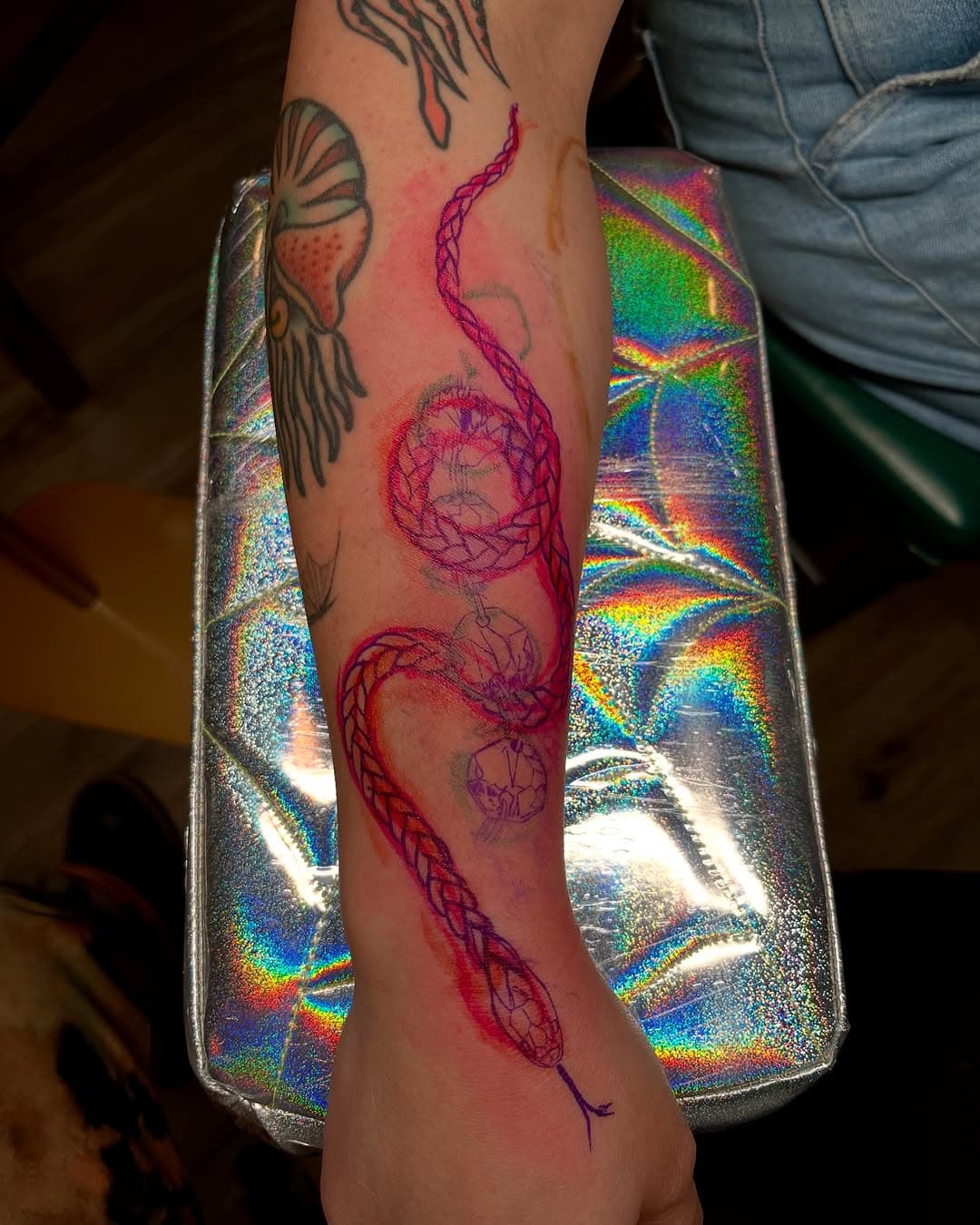 Drawn on braid snake with prisms, before and after. Thank you again Tiffany!