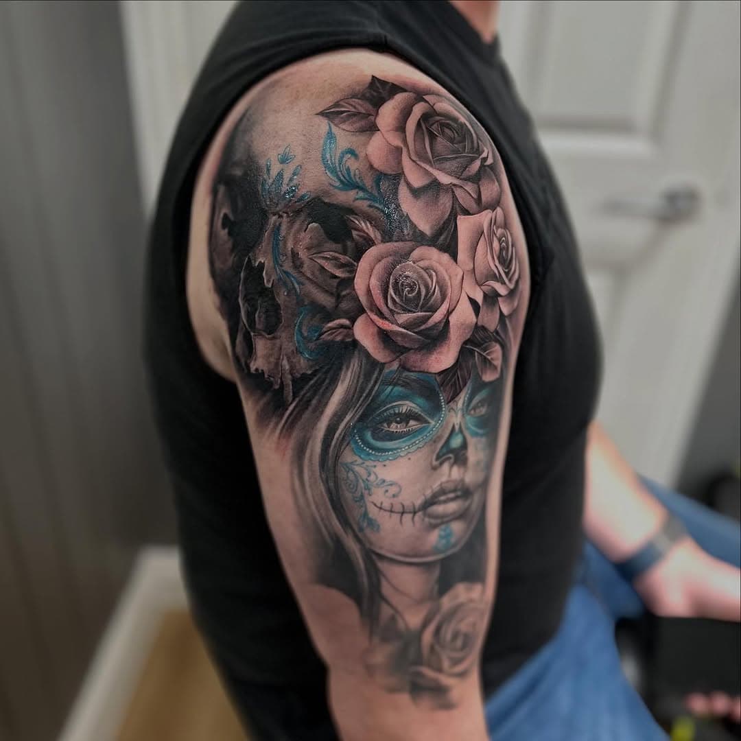 Roses and day of the dead by @ashleapeach_tattoo