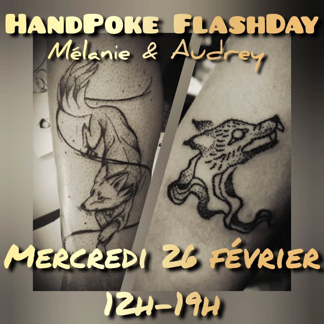 Hey hey hey 🤠
Save the date ! Mercredi 26 février 12h-19h 
Spécial HandPoke FlashDay 
avec Mél @bayaga.ink et @audrey_selva
Tarif unique flashs à 60 et 80 euros.
Premier arrivé, premier servi 🖤
Bisous