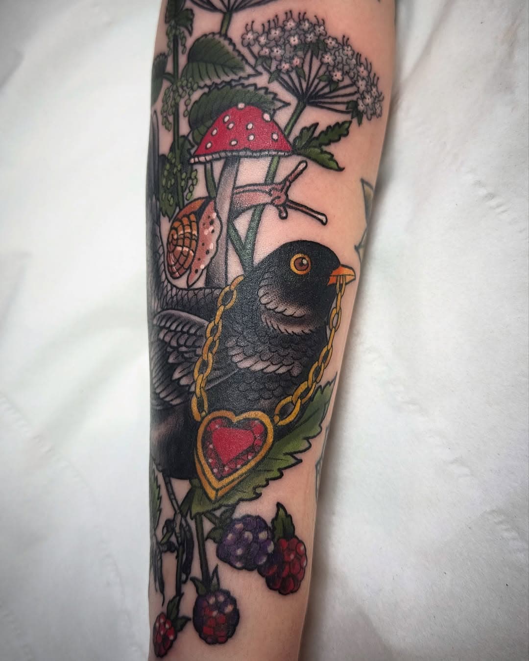 Blackbird with nettles, hemlock and brambles for Alyce 💖so lovely to see you! Done @bloomstreettattoo #manchestertattoo #manchestertattooist #manchestertattooer #tattoo #traditionaltattoo #tradtattoo #floraltattoo #floraltattoos #botanicaltattoo #flowertattoo #oldlines #neotradtattoo #neotraditionaltattoo #bright_and_bold  #tradworkers