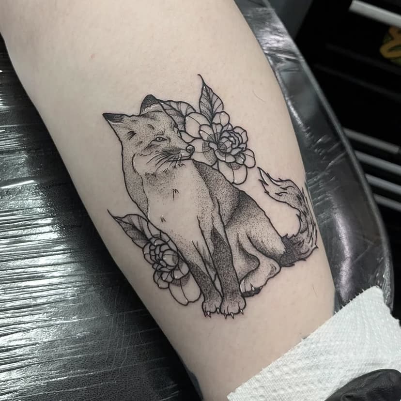 Lovely fox done from my flash! 🦊🌿 Thanks so much Ellie for trusting me with this! I loved giving him a forever home, animal tattoos always please🙏🏻

#juniortattooartist  #tattooflash #tattooflashsheet #availableflash #availabletattoo #tattoodesign #flashday #blackandgreytattoo #stippletattoo #dotworktattoo #finelinetattoo #tattoo #tattooing #femaletattooartist #instagood #tattoosofinstagram #doncastertattoo #yorkshiretattoo#funtattoo #floraltattoo
#leafytattoo #naturetattoo #delicatetattoo #whimsicaltattoo