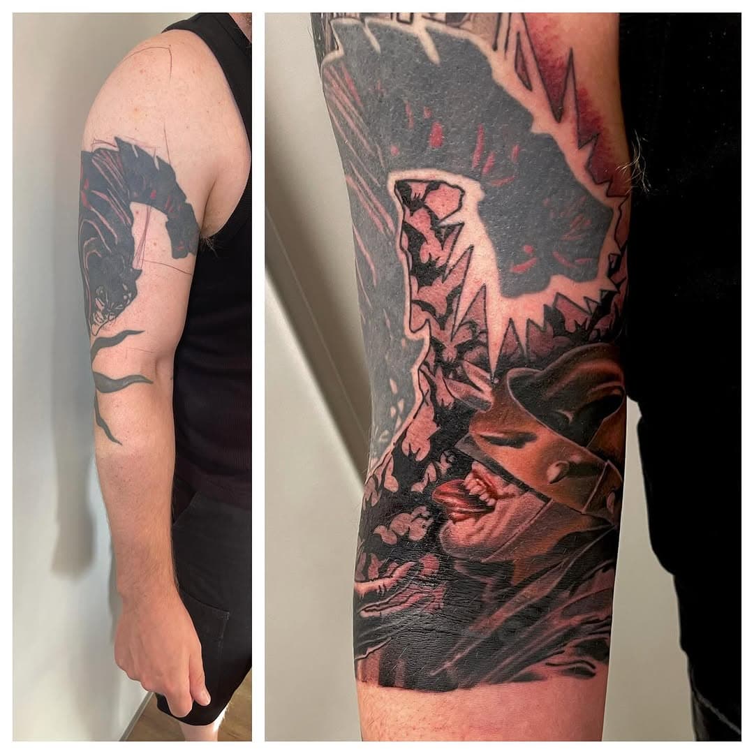 A couple of months ago I got a really big challenge, taking on a unfinished concept sleeve. It also concerns some quite tricky cover up parts. It’s in progress and it will be pretty epic in the end👊 full photos when done, but here’s a sneeky peeky🤘