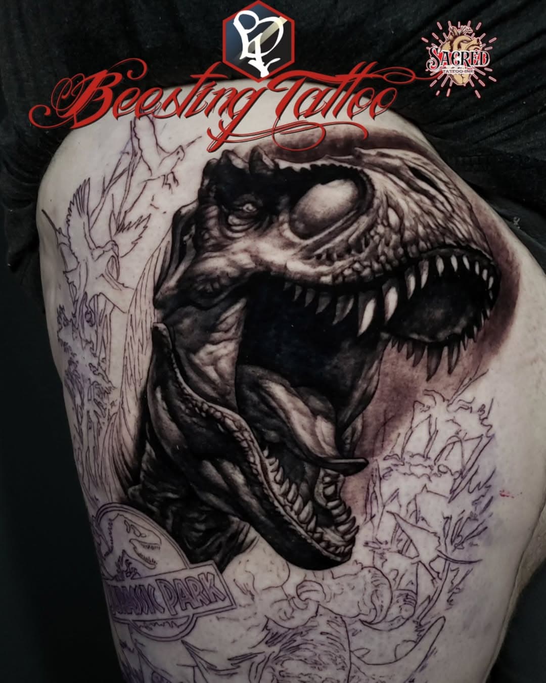 1st sit into this Jurassic park theme piece. Thanks River Balazsy  for such a great sit today!!! #beestingtattoo #sacredtattooink Sacred Tattoo Ink