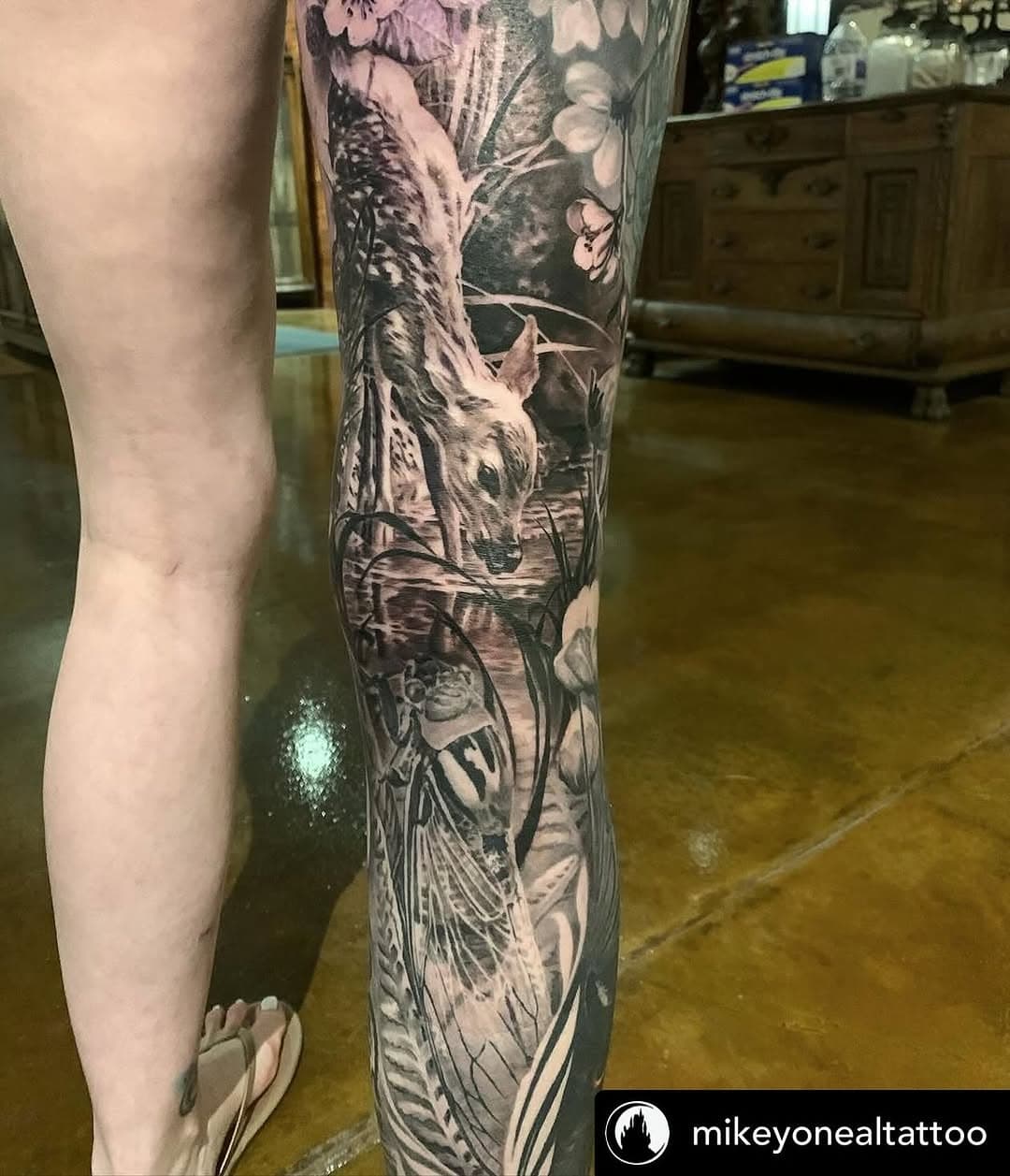 Posted @withregram • @mikeyonealtattoo In progress leg sleeve #cicada #whitetailfawn #blackcastleartco #mikeyonealtattoo