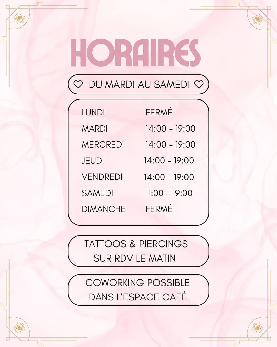 ✨ 💫Nos horaires pour toujours nous trouver ouverts ! 💫✨ 

L’accueil et l’espace café sont ouverts l’après-midi de 14:00 à 19:00 du mardi au vendredi et de 11:00 à 19:00 le samedi ! 🫖☕️

Pour les tattoos et piercings, il est toujours possible de prendre rdv pour le matin, anticipez juste qu’il faudra prendre rdv pour ces disponibilités-là ! ✨💫 

Il nous tarde de vous accueillir et de réaliser tous vos projets ! 🤗

Nous sommes au 3 rue Beaubadat à Bordeaux( juste à côté de la place St Christoly), à deux pas de l’hôtel de ville et des trams A et B ! 🚋

#tattooshoplife #tattooshop #bordeaux #bordeauxtatouage #bordeauxmaville #cafevegan #veganbordeaux