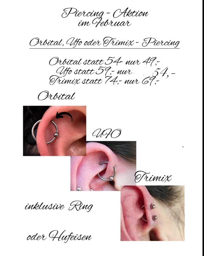 ⚠️‼️ ACHTUNG ‼️⚠️
Ich starte jetzt mit Februar wieder mit monatlichen Piercingaktionen (wie ich es auch in Salzburg und in Freilassing schon hatte).
Nicht mit den „normalen“ Piercings, sondern mit den etwas ausgefalleneren 😅 
Natürlich gibt’s dann zum Wechseln auch den passenden tollen Schmuck, nach circa 6-8 Wochen 😃
Und dazu habe ich auch einen passenden Piercing Kalender begonnen zusammenzustellen. Damit ihr euch noch ein paar Anregungen holen könnt, was ist denn wirklich so alles tolles gibt 🥰
(Die Fotos sind jetzt aus dem WWW, da ich selbst eigentlich nur ganz selten Fotos gemacht habe nach dem stechen. 🤷🏻‍♀️)