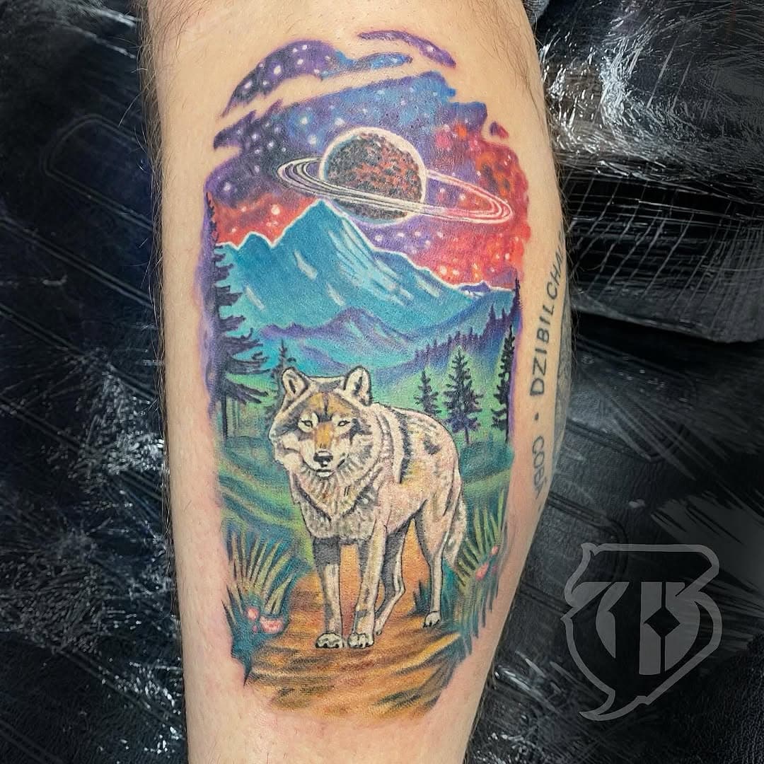 A colorful, illustrative wolf piece by @tjdelanytattoo 

#tjdelany #tattoo #tattooart #wolf #space #mountains #color #fullcolor #colortattoo #eternalink #wolftattoo #cheyennetattooequipment #lincolnplaza #wilmington #delaware #delawaretattoo #delawaretattooartist