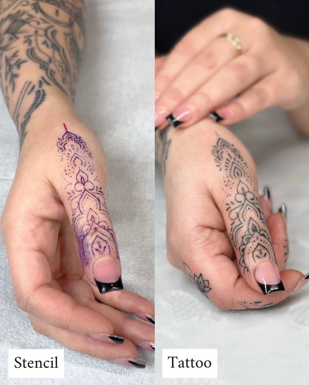 From stencil to final result: Which step fascinates you the most? 🖤👇

#tattoostyle #ornamentaltattoo #blacktattoo #losangelestattoo #girltattoo #fingertattoo #dotworktattoo #handtattoo