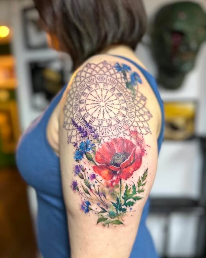 Watercolour crochet flowers and mandala piece made by Casi Worrall!

For all bookings & tattoo enquiries please message us on Facebook or pop us an email via the links below…

✨For piercings- visit www.facebook.com/Heart-Arrow-Body-Piercing-115257873642657/

✨Email: hello@heartandarrow.co.uk

✨Visit: www.heartandarrow.co.uk
Address: 10a St John’s Hill, Shrewsbury, Shropshire, SY11JD 

Please note we are an appointment based studio.

Thanks H&A