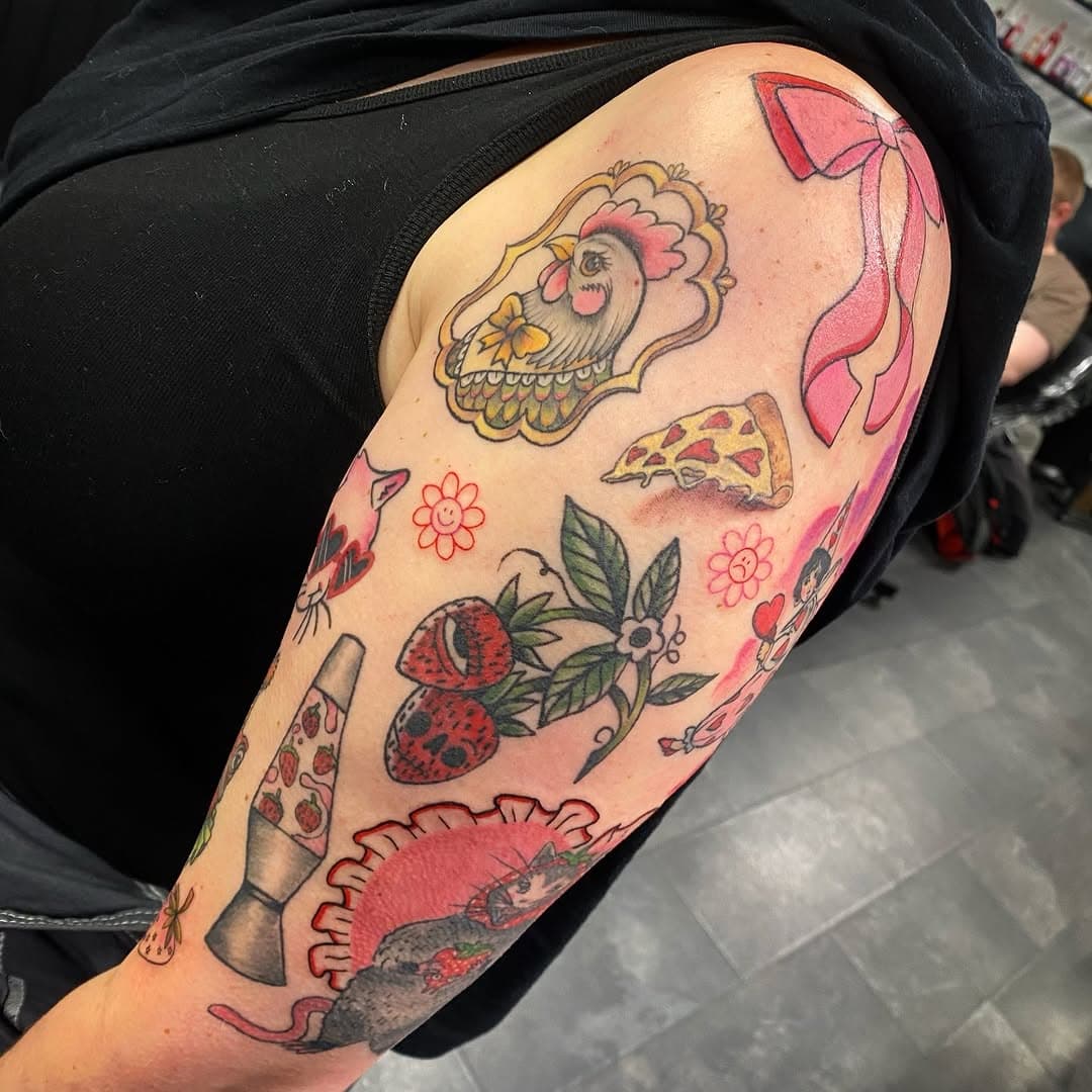 Few little shots of Lucy’s arm- most healed, some fresh…
The cutest sticker tattoos ever 🖤

 #tattoo #newtattoo #bromsgrove #bromsgrovetattoo #tattoobromsgrove #birminghamtattoo #birmingham #worcester #worcestertattoo #laurentye #ink #inked #radiantink #cosmicmonstersincorporated #watercolour #watercolourtattoo #chickentattoo #strawberrytattoo #lobstertattoo