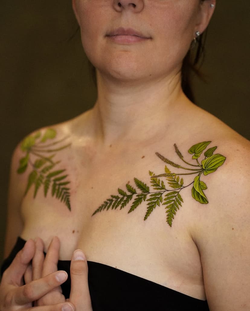 Ferns and plantain as a chest piece for Alicia🌿 Send me a DM or fill in the booking form to book your next tattoo (link in bio).

Done at @dropout_collective using @kurosumitattooink Imperial inks, @bheppo products, @nexus_cartridges needles, protected with @dermalizepro -#kurosumiink #kurosumiimperial #tattoocolor #colortattoo #copenhagentattoo #killerinktattoo #dermalizepro #dropoutartist #denmarktattoo #ferntattoo