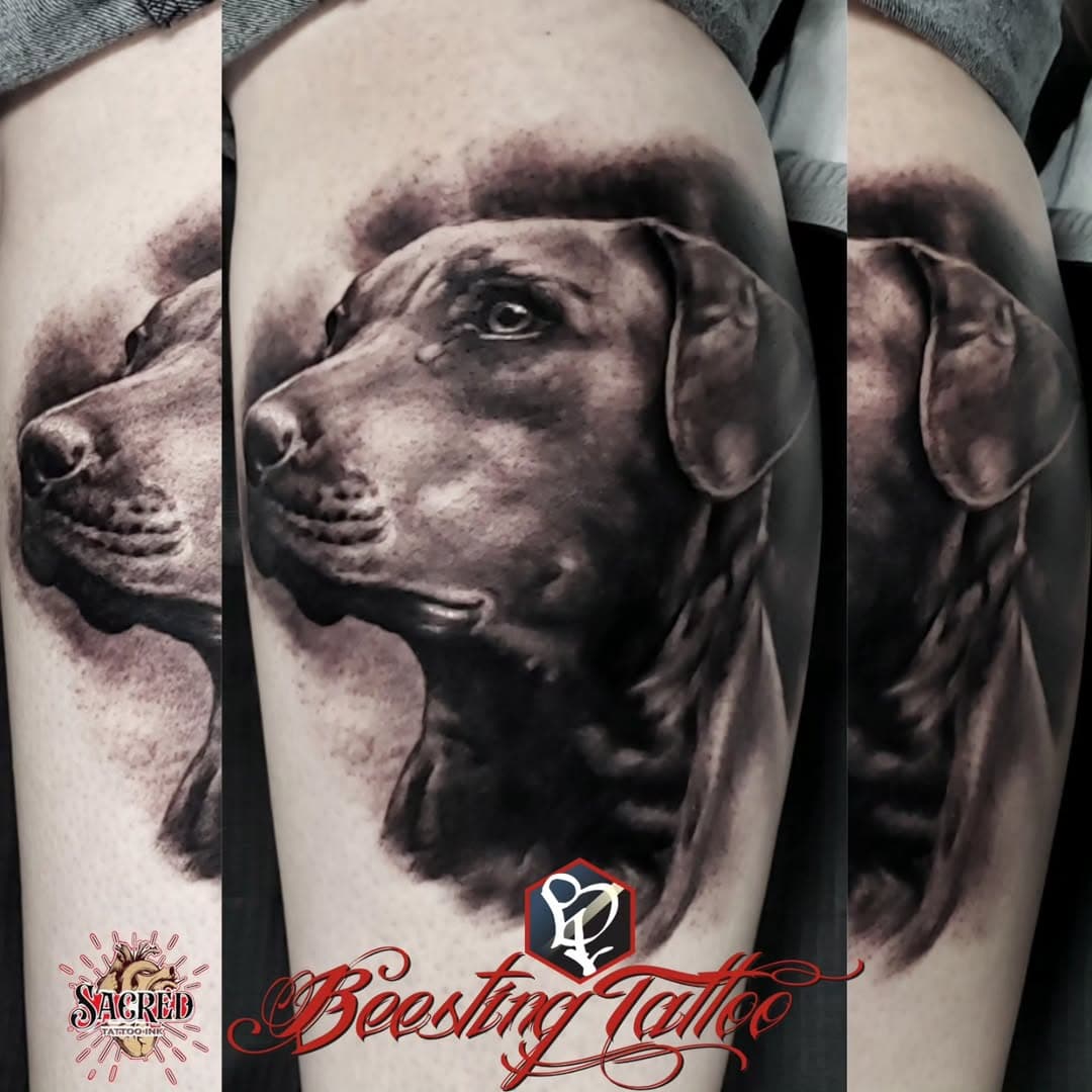 a nice memorial portrait for Ellie May today of her pup.. thanks Alicia for asking me to do this.  #beestingtattoo #sacredtattooink @sacred_tattoo_ink