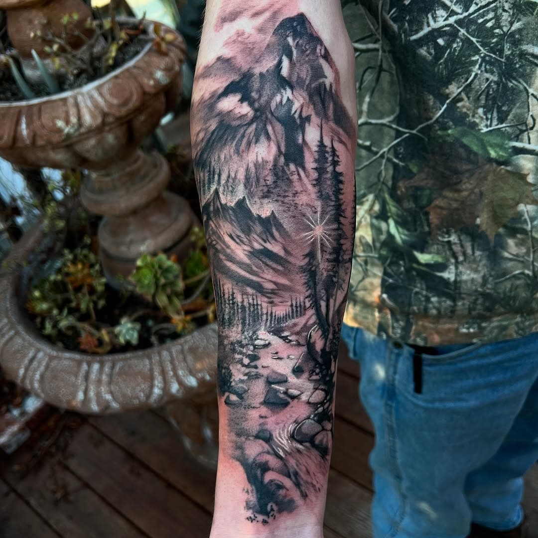 I’ve been a little out of it and under the weather the past week but here’s a sweet tattoo I got to do weeks ago that I never shared.  This a fun one and close to home cause he wanted to capture mountain vibe from where he grew up, and a place I love hiking and exploring growing up too. Up in the wrightwood wilderness. The san Gabriel mountains. It was fun to capture a little scene of nature 🌲 let me know how you think I did 🫶🏼 i have available scattered throughout this month I would love to do something fun with you guys ✨ stay blessed.