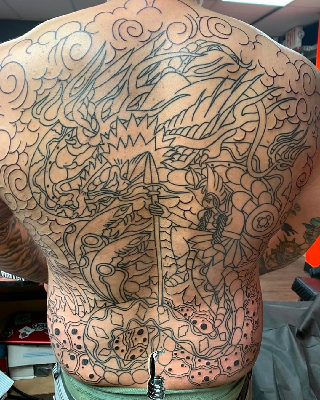 Two parts viper (the back piece trade) 
ON ME, NOT BY ME. 
Sometimes I gotta not get so pissed off and remember I have the coolest job ever. And get to work with my friends. 

A lot of people have asked to see my back so far so here it is.(I’ll pin it and update as we go) 
Second slides are the beginning of his back/butt/leg suit. Go follow @notalenttattoos 👊🏽

.
.
.
.
.
.

#backpiece #backpiecetattoo #kingofthehill #bobbyhill #bobbyhilltattoo #battleroyale #cartoontattoo #bodysuit #art #okc #okctattoo #mikejudge #atx #atxtattoo