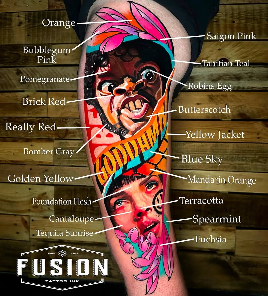 Some of my most frequently used @fusion_ink colours 🌈 

Still one of my favourite pieces Iv done to date, if you’d like something similar drop me a dm and let’s chat 😎 

#fusionink #fusioninks #fusioninktattoo #pulpfictiontattoo #pulpfictionedit #legsleevetattoo #tattoooftheday #rad #killerinktattoo #butterluxe_uk