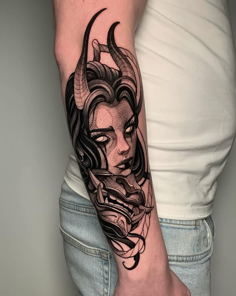 Horned lady and oni mask for @jayjonathon yesterday, thanks man 💪🏽 done at @14arrows_tattoo using @vladbladirons @mothtattoosupplies @eclipse.tattooink @butterluxe_uk @killerinktattoo  #vladbladirons #vbiproteam💪🔥 #eclipsetattooink #mothtattoosupplies #wbjtattoo #musotoku #musotokupowersupply #butterluxe_uk #killerinktattoo #dermalizepro #skinartmag #skinart #skinartcollector #tattoocollector #thedarkestwork #neotradeeu #neotraditionaltattoo #inkedmag #sullenclothing #tattoosnob #irezumicollective #neotradsub #flashaddicted #tattooflash #bio #biomech #creepy #onimask #hornedladytattoo