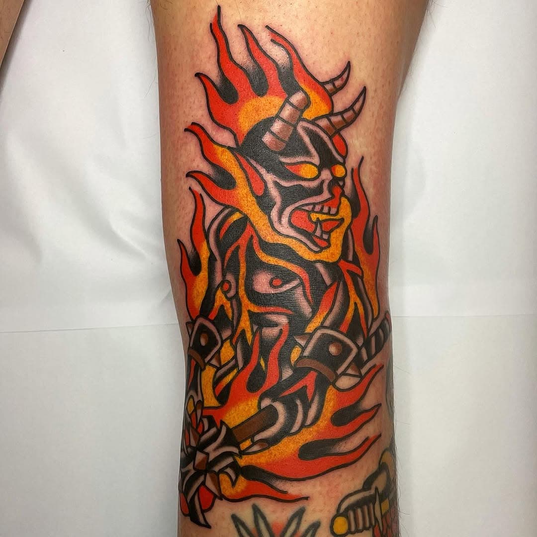 Fire demon in the back of the knee on my tough pal @richard.andersson . Booking February and March.
DM for tattoos!
•
•
•
#ink #inks #inked #tattoo #tattoos #tattooed #scifi #fantasy #fantasyart #oldlines #oldworkers #oldschool #oldschooltattoo #traditional #traditionaltattoo #topclasstattooing #bright_and_bold #tradwork #tradworkerssubmission #tradworkers #tattoostyle #tattooart #demon #stockholm #stockholmtattoo #topclasstattooing