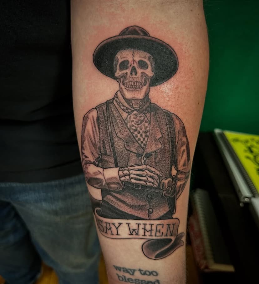 Doc Holiday skeleton tattoo done at @theinkeeperstattooparlor . If you want a Tombstone themed tattoo, I’d be glad to do it. I’m in my prime.