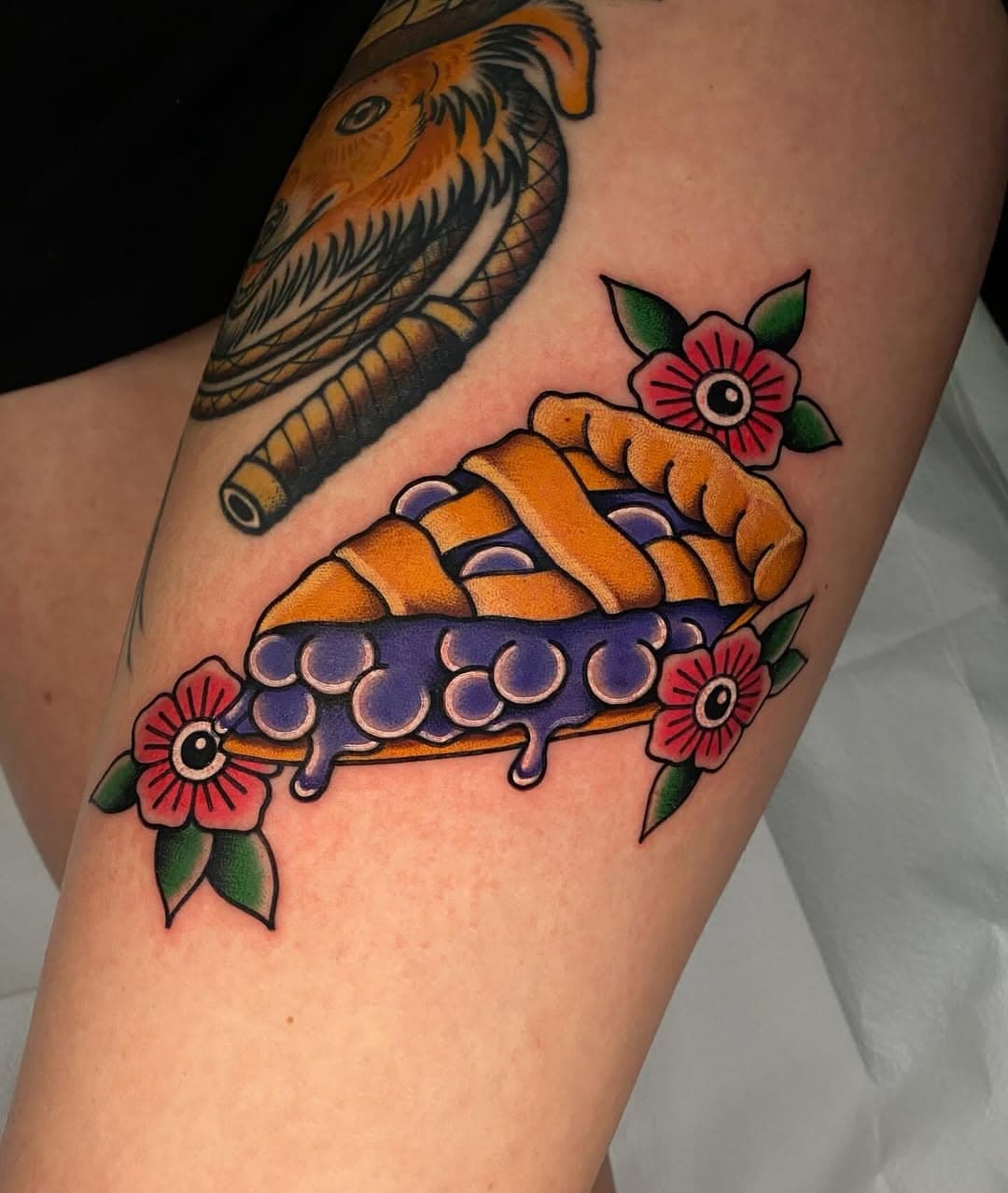 A yummy slice of pie by @threeseastattoo 
.
#tattoo #tattooshop #pietattoo #colortattoo #traditionaltattoo #leucadia #encinitas #oceanside #localtattooshop #coasthwy101