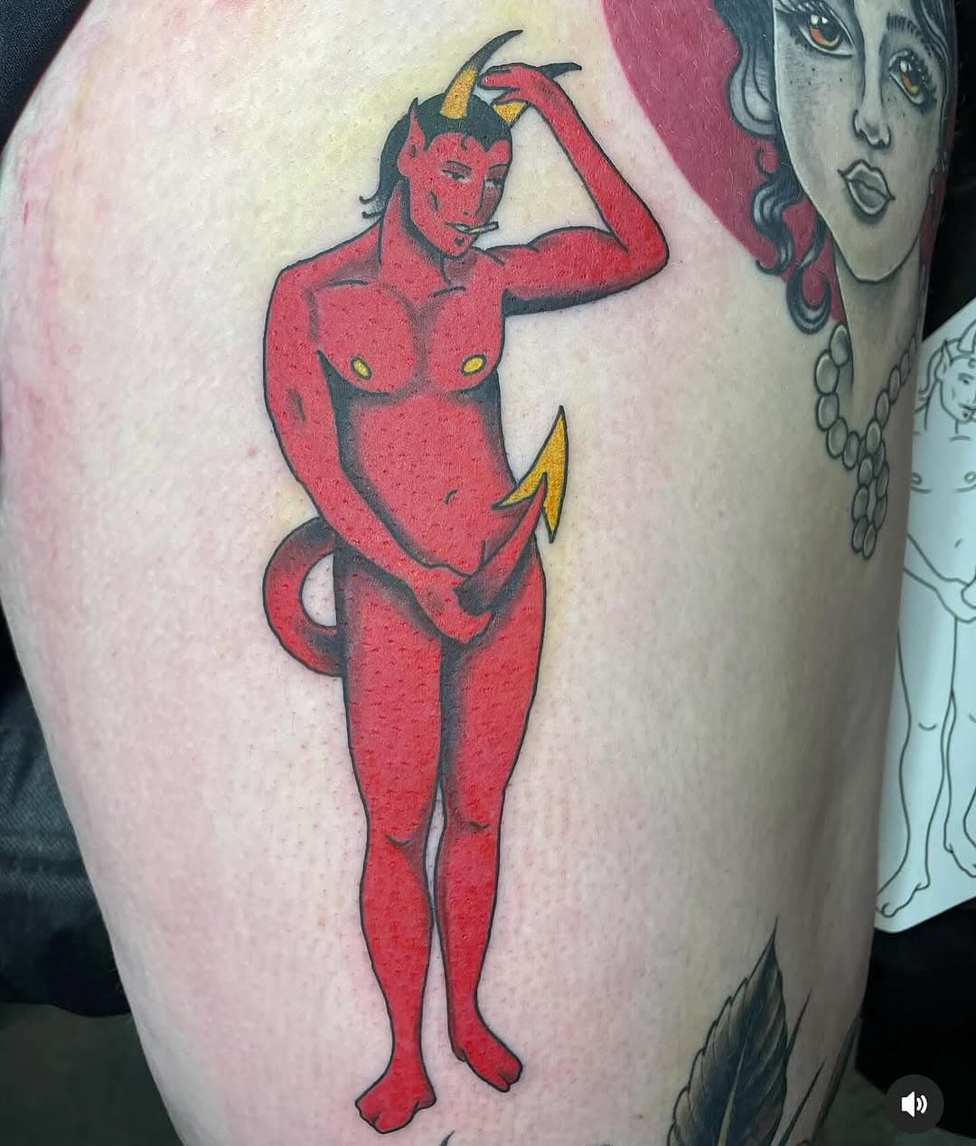 Devilish devil by @monkpunktattoo 
She has tons of deals on custom flash! 
#seattletattoo 
#seattletattooartist