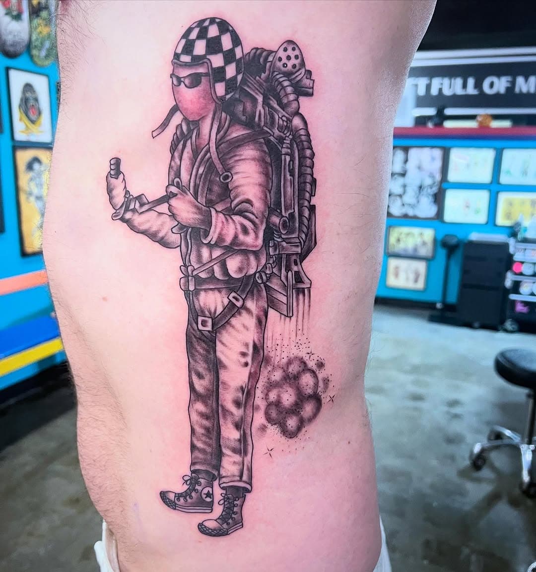 Jet pack dude for Aaron by @fatchrisadams 
#seattletattooartist 
#seattletattoo 
#fistfullofmetaltattoo 
#chrisadamstattoo