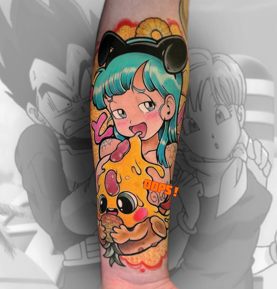 PornFood🍕BULMA 🩵❤️ Done at @milanotattooconvention ☺️ #tattoo #ink #inked #tattooed #animetattoo #bulma #pizza #pornfood #foodie #pizzawithananas #ananas #dragonballz #dragonball #milano #milanoconvention #tattooconvention #italy