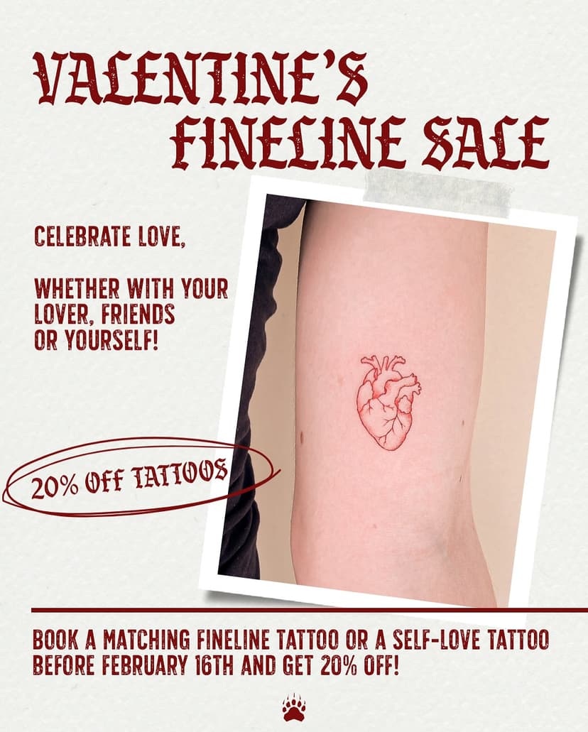 Valentine’s Fineline Sale 🌹

Book your couple tattoo, get matching ink with your bestie, or treat yourself to a tattoo, because you deserve it! 🖤

Book your tattoo before February 16th and get 20% OFF! Don’t worry if you can’t make it before the 16th. Your appointment can be scheduled after that, as long as you book in time! Spots are limited, so don’t wait too long.  To make your appointment, send an email to fineline@blackbear.ink with your preferred location (Eindhoven or Utrecht), your tattoo idea, the size in centimeters, and the placement.

If you’re interested in one of @naomi.ink beautiful flashes, she’s offering a special discount if you come together for matching tattoos! Just a heads-up: Naomi only works in Utrecht.

See you soon! 

#valentinetattoo #lovetattoo #coupletattoo #matchingtattoos #selflovetattoo #finelinetattoo #dutchtattoo