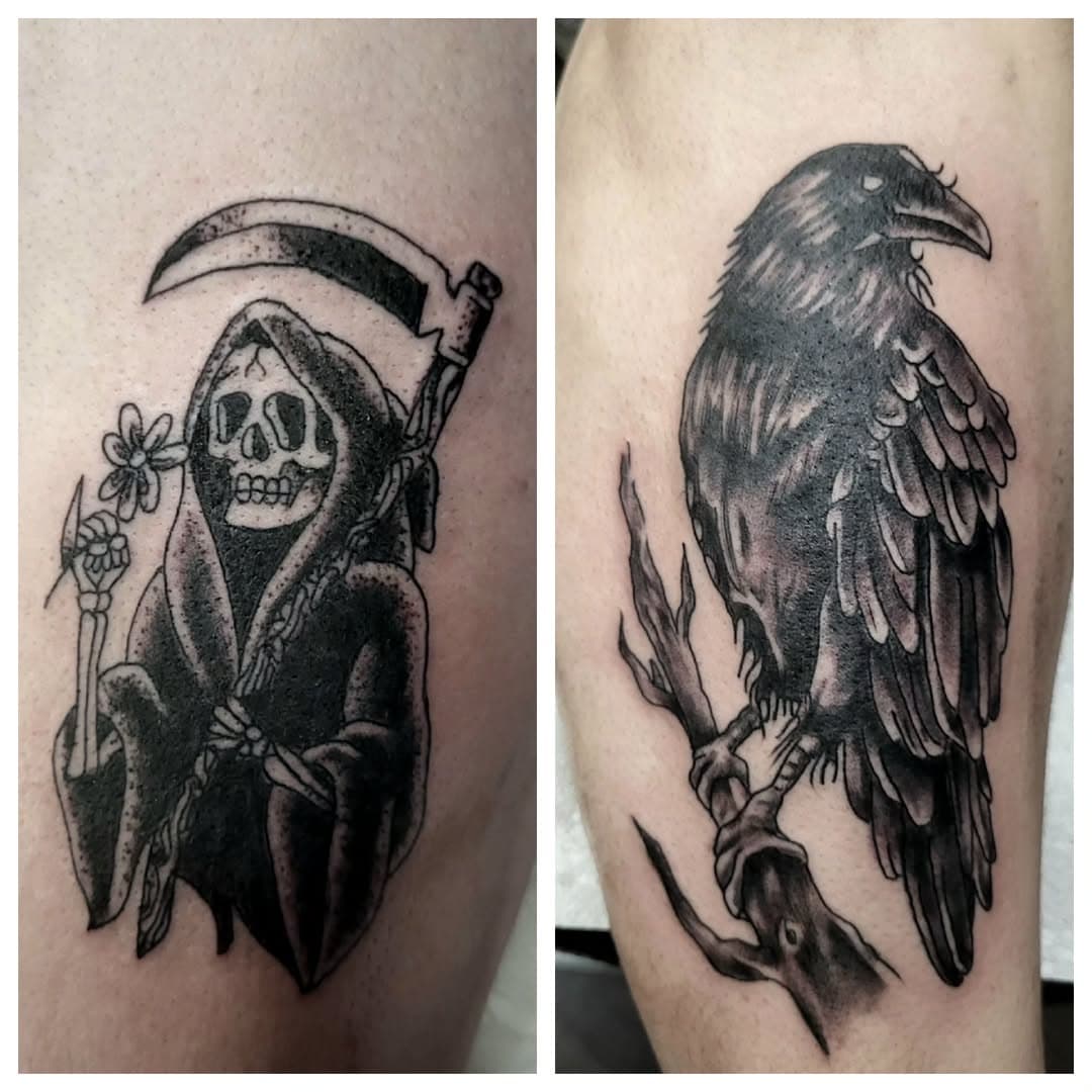 A couple of tattoos done today 

Please contact me if you'd like tattoo work done by me at @obsessiontattoos

Using;
@imperialinks  #imperialinks
@hustlebutterdeluxe #hustlebutter
@stencilstuff  #stencilstuff 
@ezcartridgecouk #ezcartridge

#tattoosocietymagazine #tattoolifemagazine #skindeep_uk #bnginksociety #inkedmag #ipswich #tattoo #Obsessiontattoos #traditionaltattoo #tradtattoo #coveruptattoo #coverup #raventattoo #raven #grimreaper