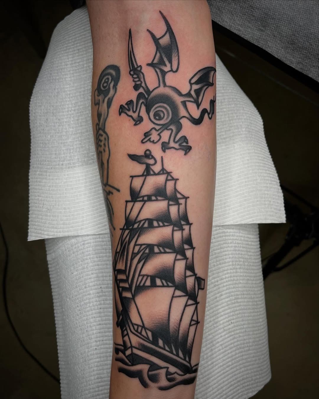 Black and grey arm in progress, thanks Tavish! @alfredstreettattoo Dm to book in 🌴📕