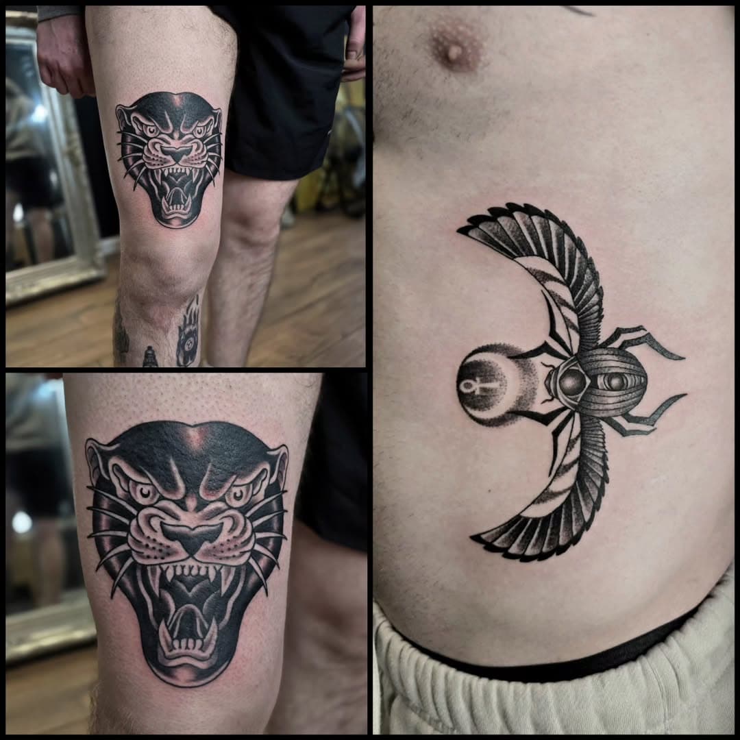 Some nice Black trad work and a unique Egyptian Scarab ✌️Done by our resident artist @daventattoo 

DROP @daventattoo a dm or pop in anytime for a consultation ✌️

We are open 11-6pm 
Monday-Saturday