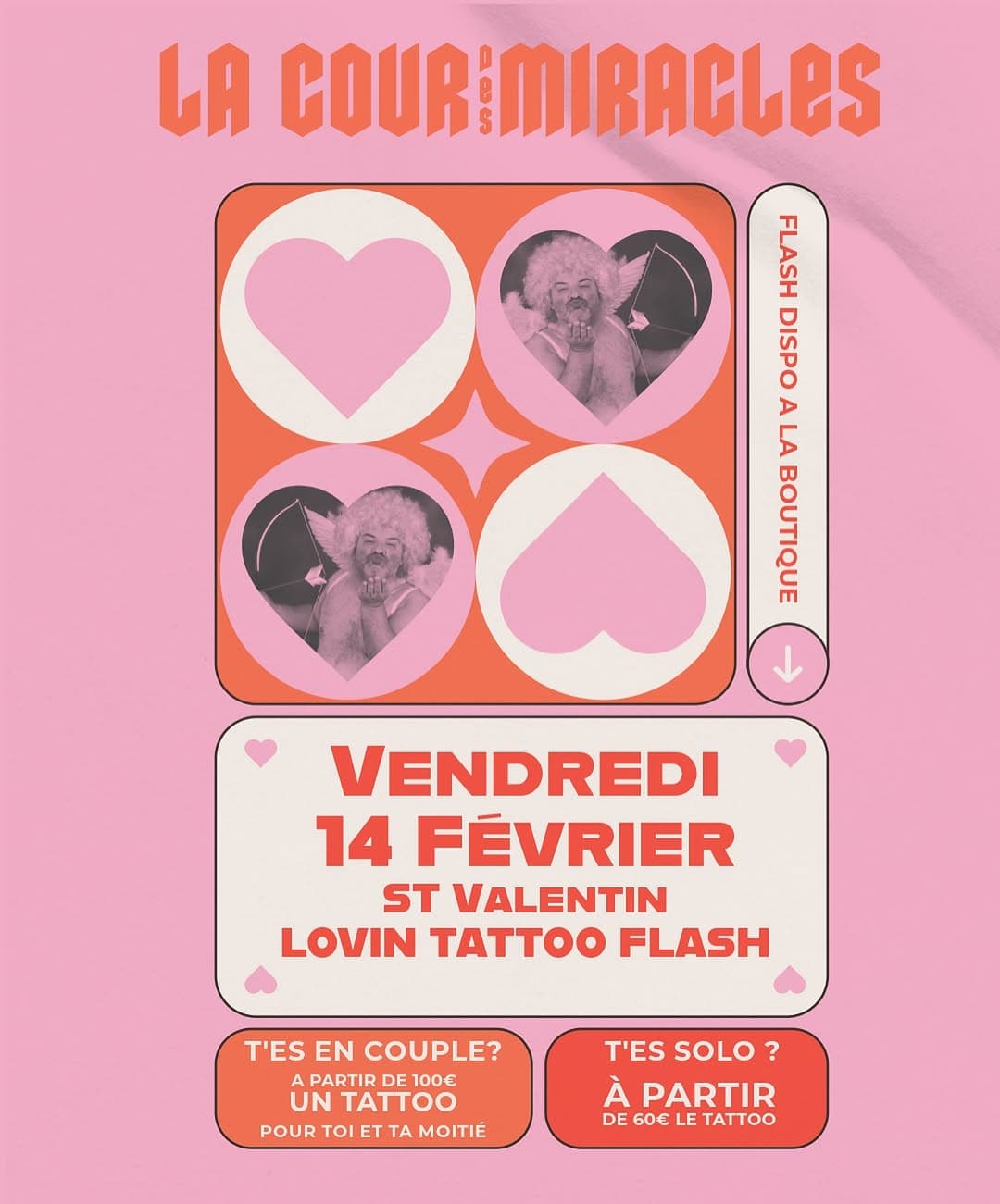 ✨ 14 février, c’est love ou pas à La Cour des Miracles ! 💘
Au programme : petits flashs solo à partir de 60€ pour les cœurs libres, et des flashs en duo (sans clichés, promis) à 100€. 💕
Parce que rien ne dit ‘je t’aime’ comme un tattoo ! Ou ‘je m’aime’, ça marche aussi. 😉

Alors, vous êtes plutôt team solo ou duo pour cette Saint-Valentin ? 🤔