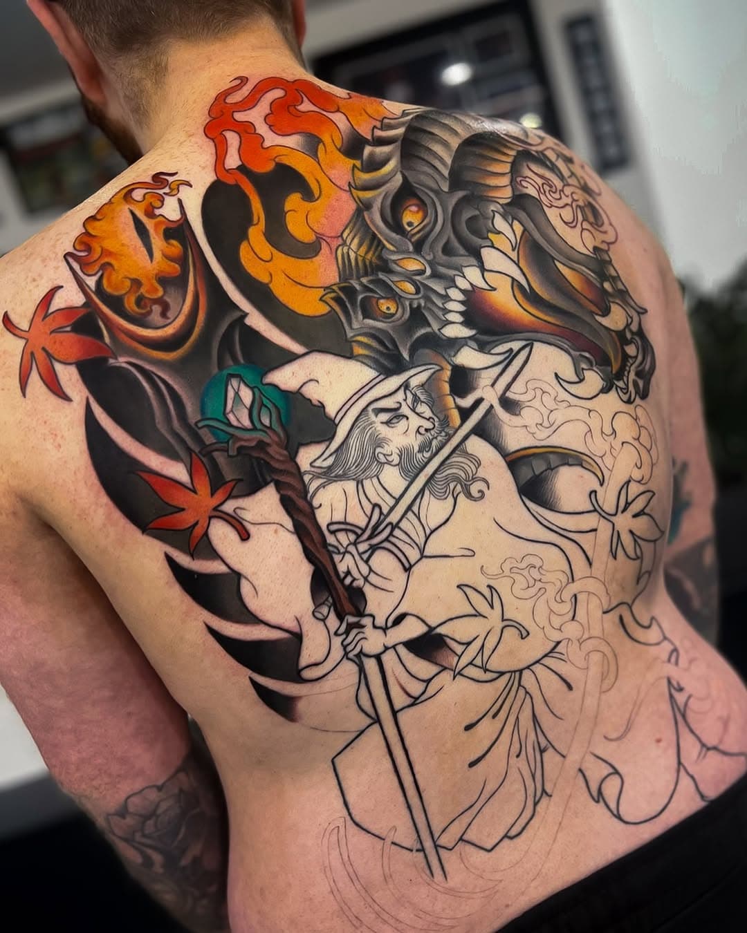 Latest progress shot to this ongoing LOTR back piece for Matt. The response to my latest post has been truly mind blowing. I appreciate everyone’s love and follow for this piece. 
Cannot wait to finish this up and show you all! 
.
.
.
.
.
#lotrtattoo #lotrart #balrogtattoo #gandalftattoo #gandalfthegrey #neojapanese #neojapanesetattoo #uktattoos #uktattooer #ntgallery #eyeofsauron #backtattoos #neotraduk #blackpooltattoo